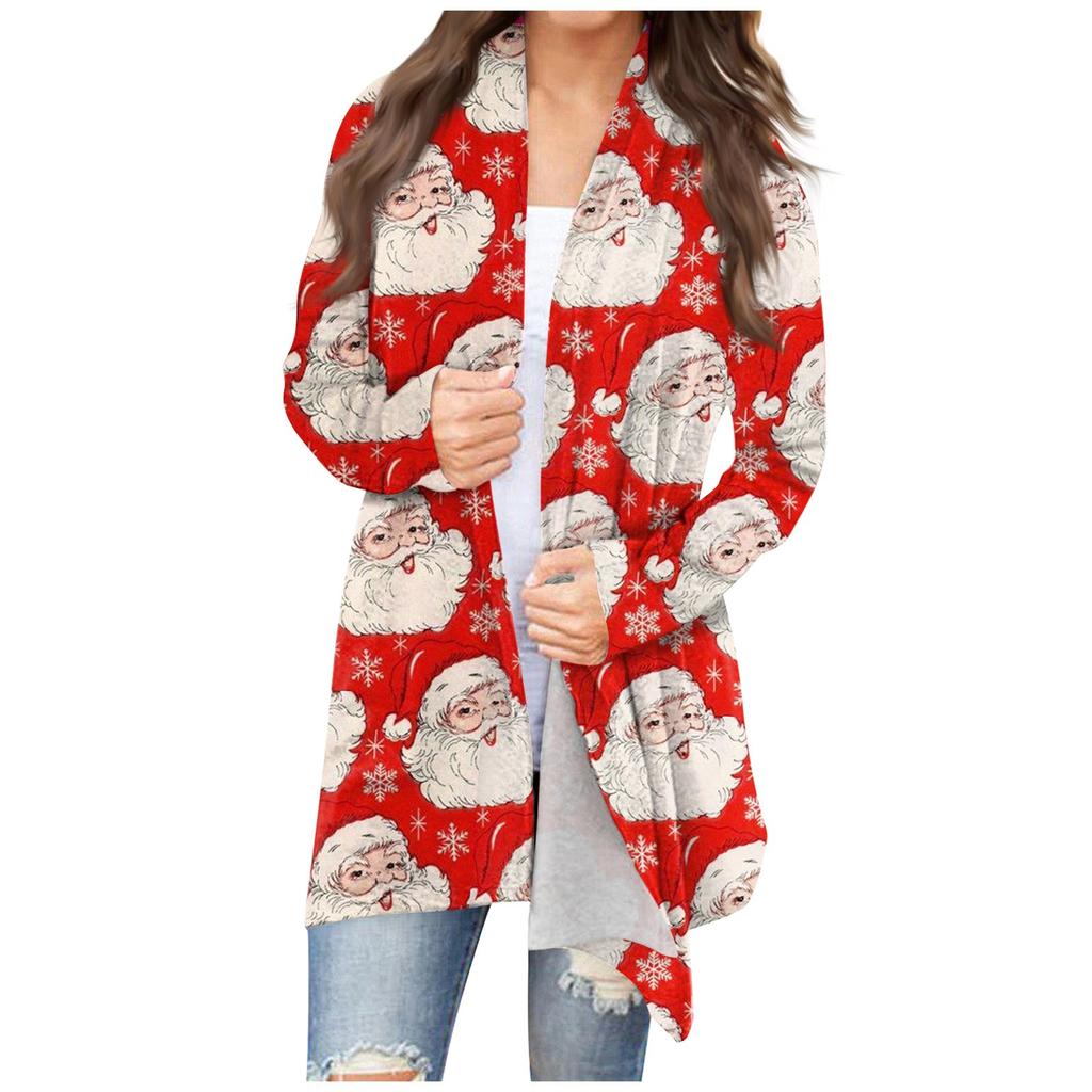 Women's Fashion Casual Christmas Print Medium Length Cardigan Jacket Coat