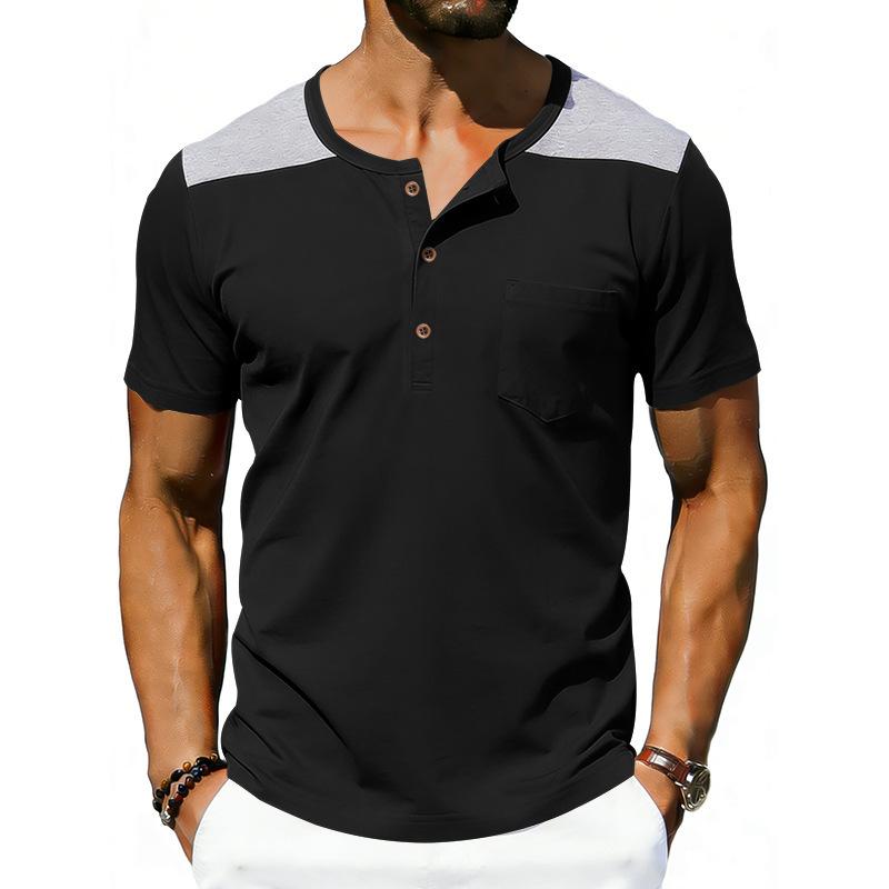 Мужская футболка-henley с контрастными плечами, коротким рукавом, карманом, повседневная