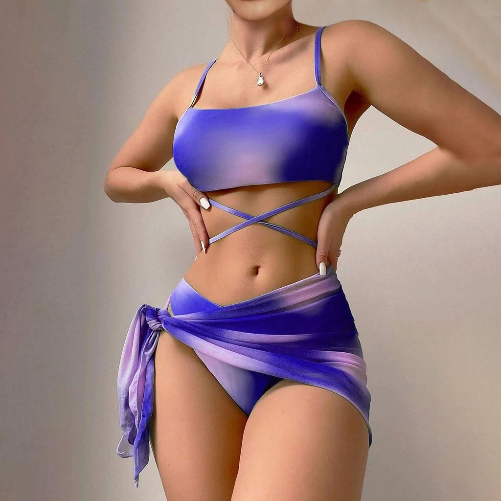 Женский однотонный купальник, женский купальник с разрезом на тонких бретельках и высокой талией, комплект из четырех предметов