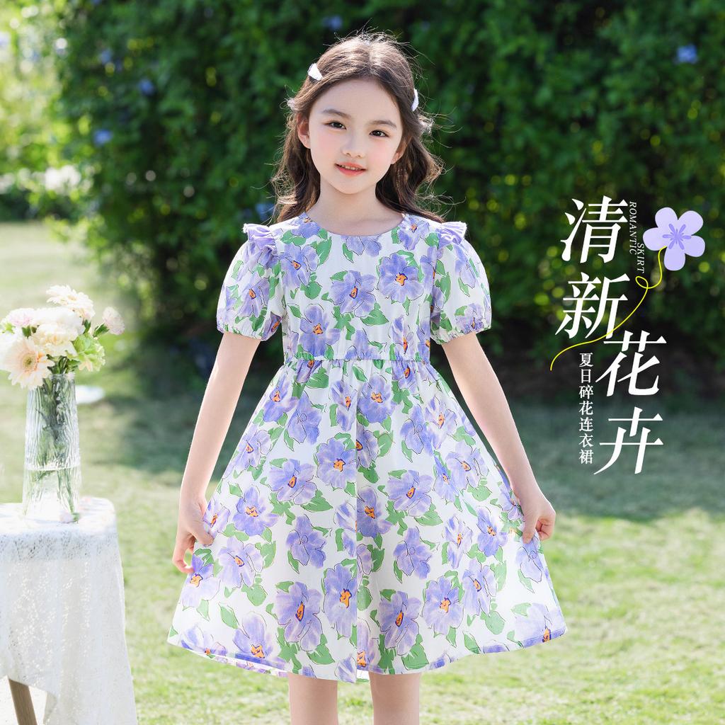 Summer thin cotton fresh floral dress for girls, stylish and high-end, with lantern sleeves for big children