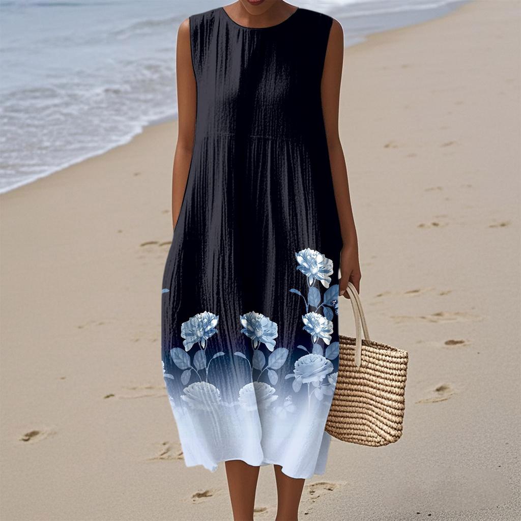 Women's Fashion Casual Sleeveless Round Neck Floral Print Elegant Temperament Dress