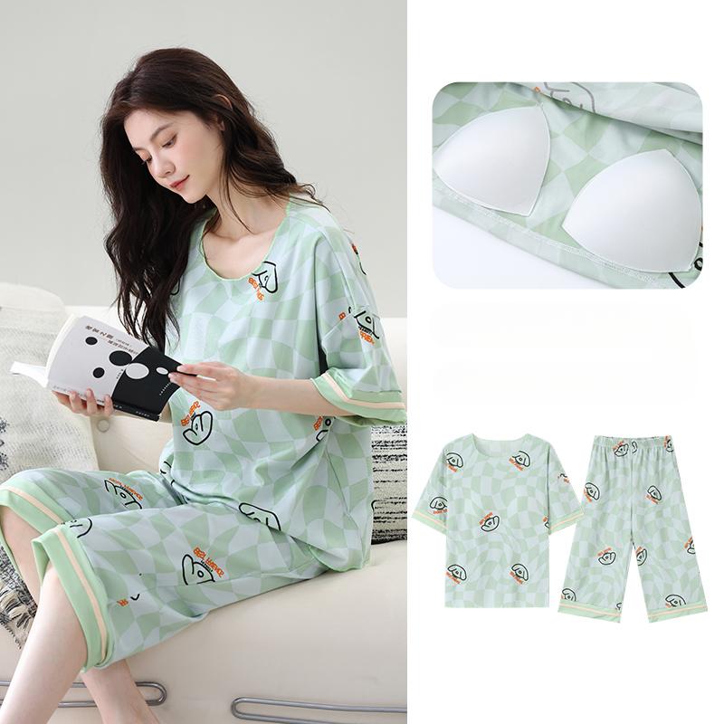 Летний пижамный комплект с нагрудником для женщин больших размеров 4XL 5XL с цветочным принтом, топы с короткими рукавами и брюки-капри, женская повседневная пижама, домашняя одежда