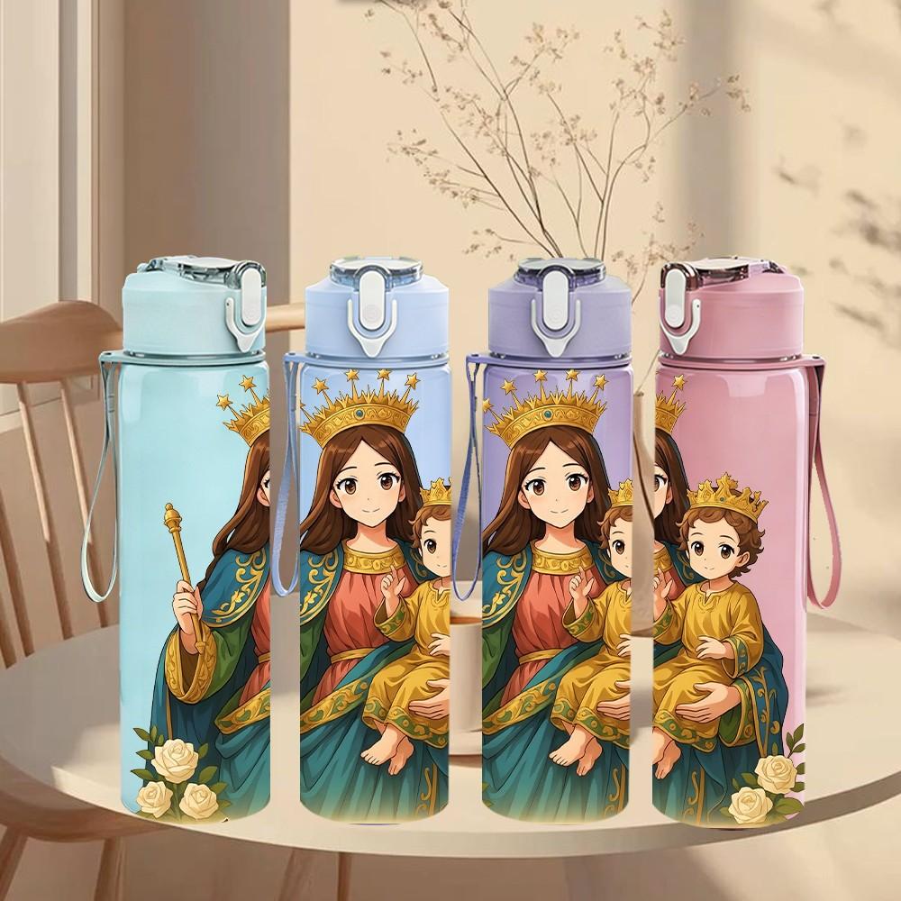 1PC Virgin Mary Holding Baby Jesus Print 750ml Color Plastic Sports Water Bottle Leakproof Flip Straw Lid Suitable for Sports Office Home Use