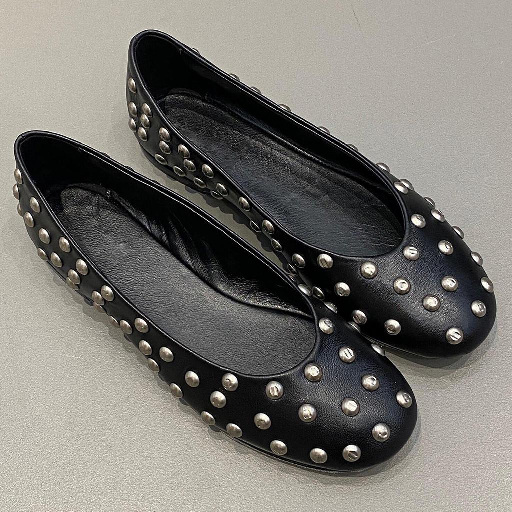 Версия из овчины~ Французские нишевые ретро балетки с заклепками кожаные с круглым носком на плоской подошве Мэри Джейн с мелким вырезом одинарные туфли женские