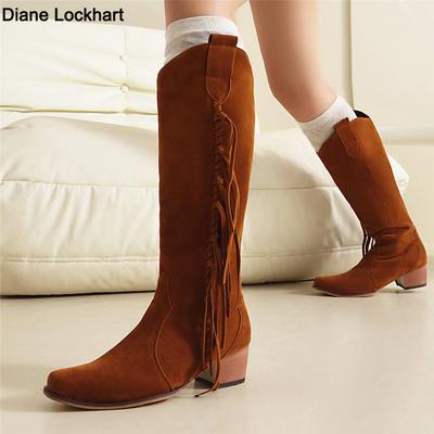 Модные женские зимние новые простые однотонные ботинки на толстой подошве 2025 Модные ковбойские ботинки с кисточками Дизайн Повседневные женские формальные ботинки