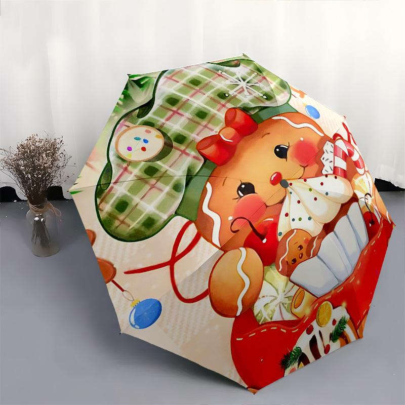 1pc Christmas Gingerbread Man Automatic Folding Umbrella, Portable 3-Fold Design with 8-Bone Iron Frame, Perfect for Fans, Travelers, Daily Use, and F