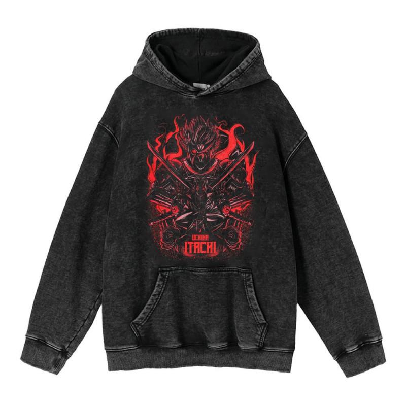Heavyweight 440g Washed Vintage Naruto Anime Hoodie Men Streetwear Cotton Sweatshirt