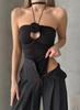 Women's Black Rose Detailed Cross Design Bodysuit Bustier