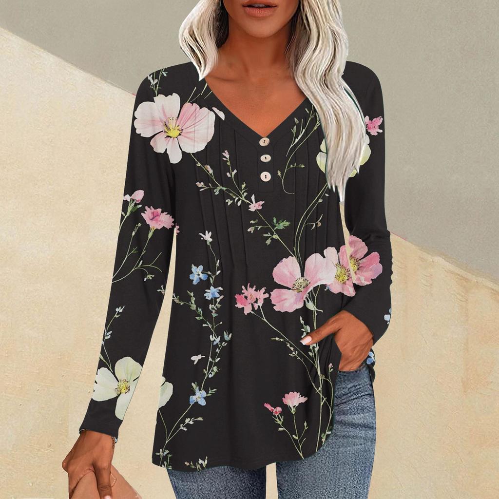 Женская модная повседневная плиссированная футболка с V-образным вырезом и растительным принтом, длинный рукав