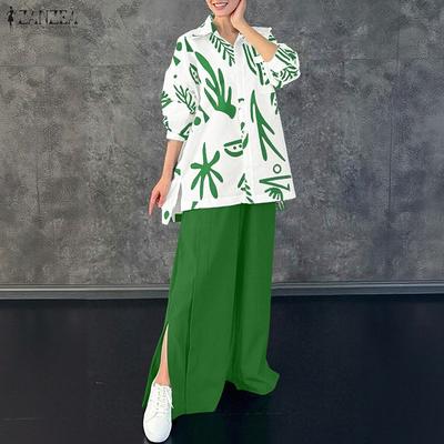 Женский повседневный комплект из двух частей: блузка с длинным рукавом и брюки с принтом