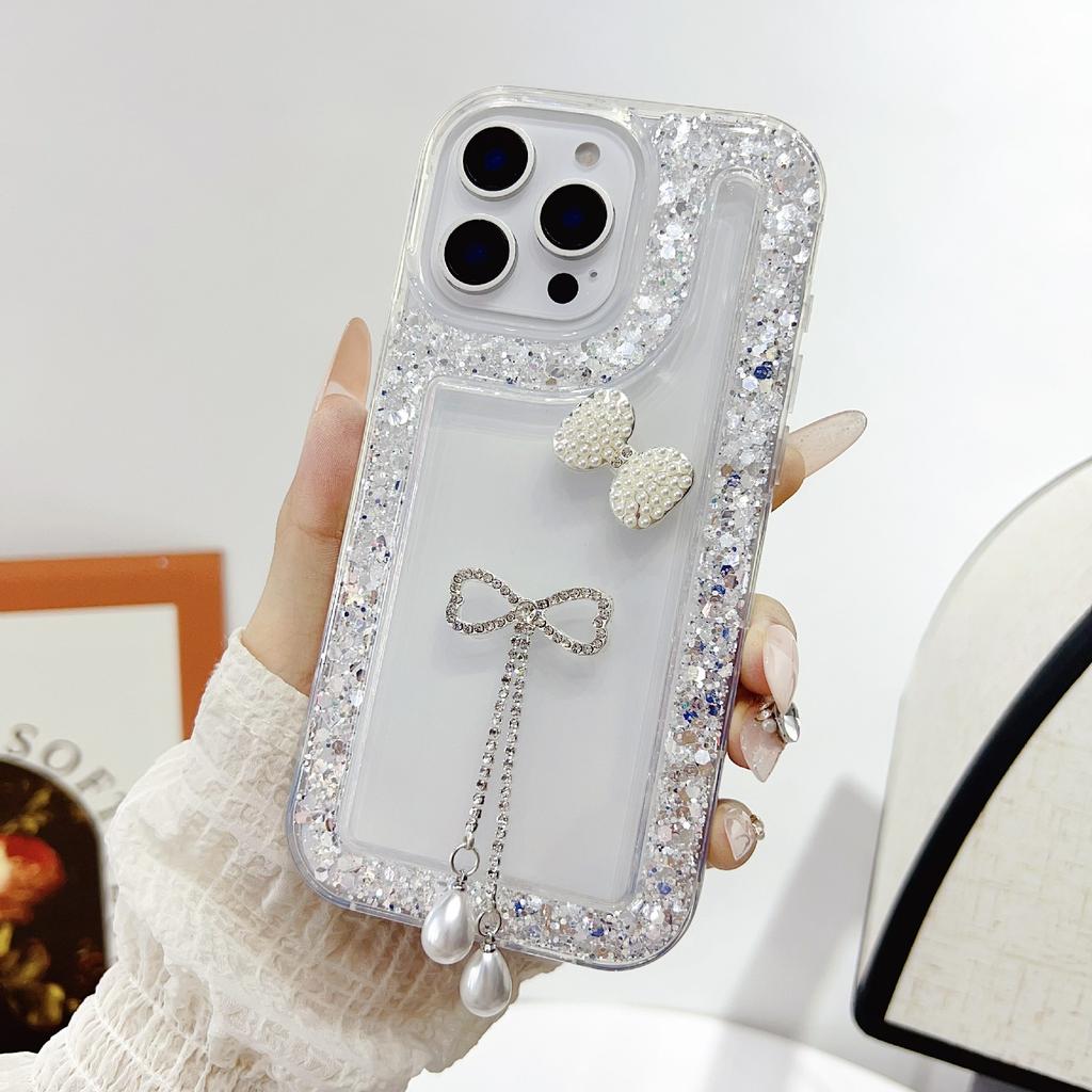 For iPhone 16 Pro Max Case with Bow Decor Glitter Rhinestone Epoxy Design TPU Phone Cover