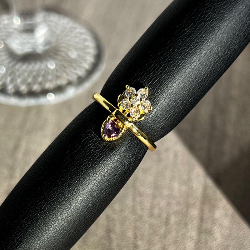 ins wind light luxury retro sweet cool pink purple diamond flower ring women's bright bright leaves high-end temperament ring