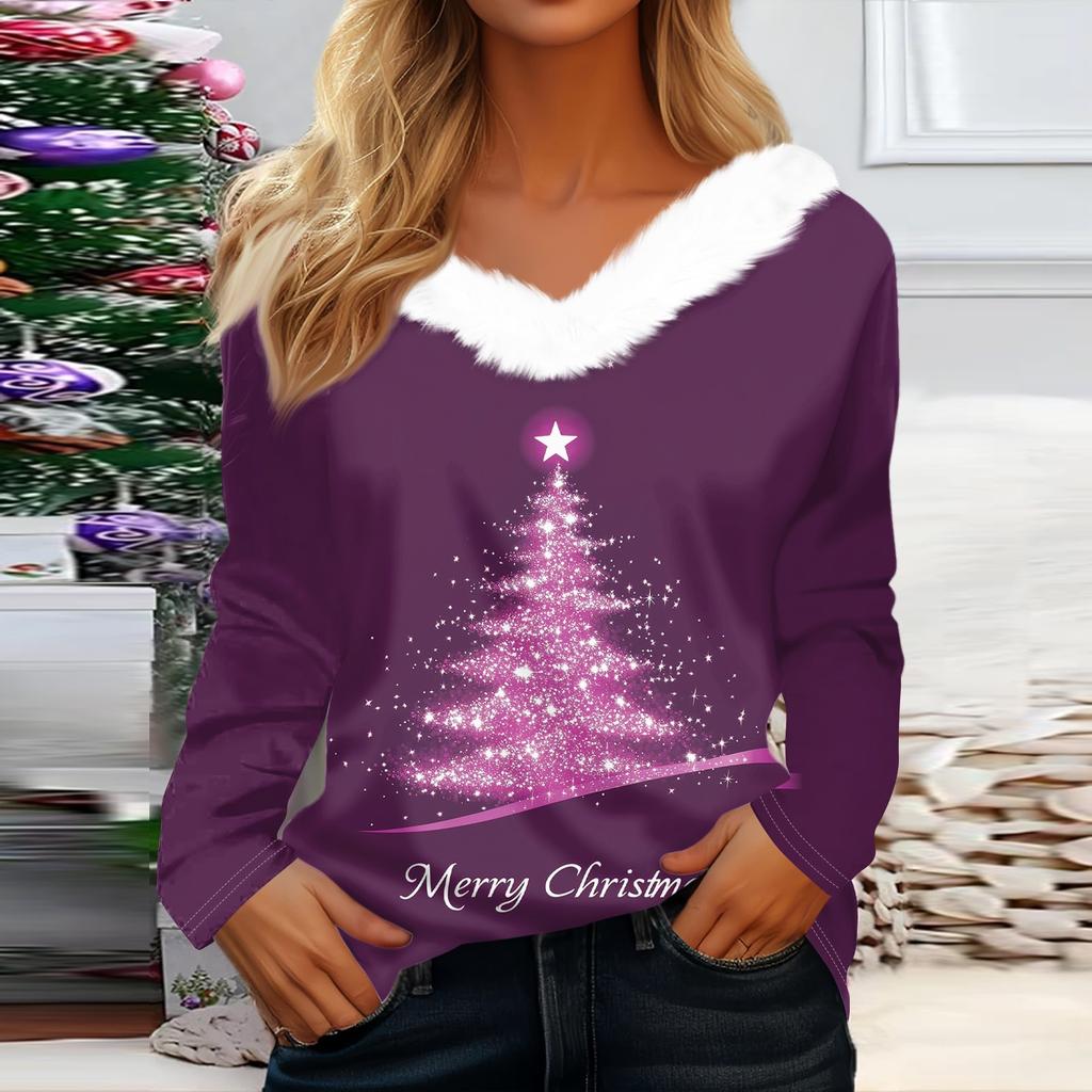 Женская мода с длинным рукавом, рождественский принт, плюшевый ворот, V-образный вырез, пуловер, топ