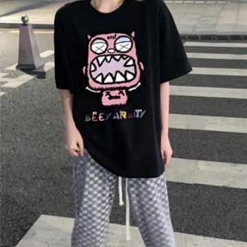 Women Funny Cartoon Monster Graphic Crew Neck Short Sleeve T-Shirt Loose Streetwear Casual Tee Top