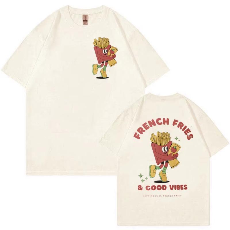 Женская футболка с принтом 'French Fries Good Vibes' Модный тренд Топ ВеснаЛето Чистый хлопок Унисекс Футболка с коротким рукавом