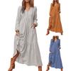 Women Bohemian Cotton Linen Dress Oversized V-neck Long Sleeve Swing Dress Pleated Ruffle Tiered Flowy Long Dress