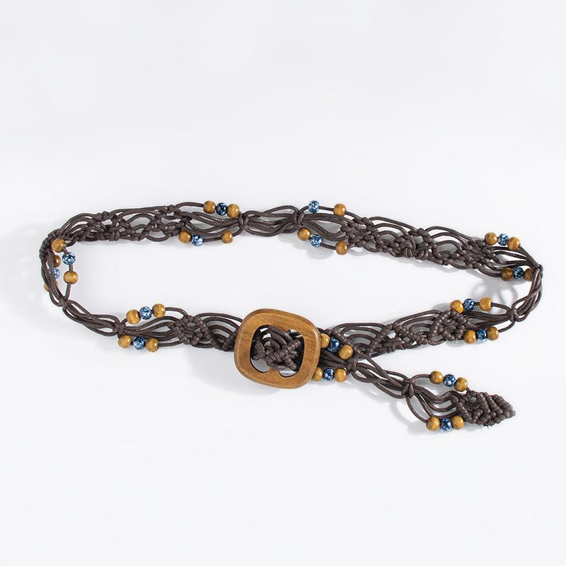 Богемный плетеный пояс из вощеного шнура в этническом стиле ручной работы с деревянными бусинами, повседневный стиль для отпуска, изысканная деревянная квадратная пряжка, пояс-шнур