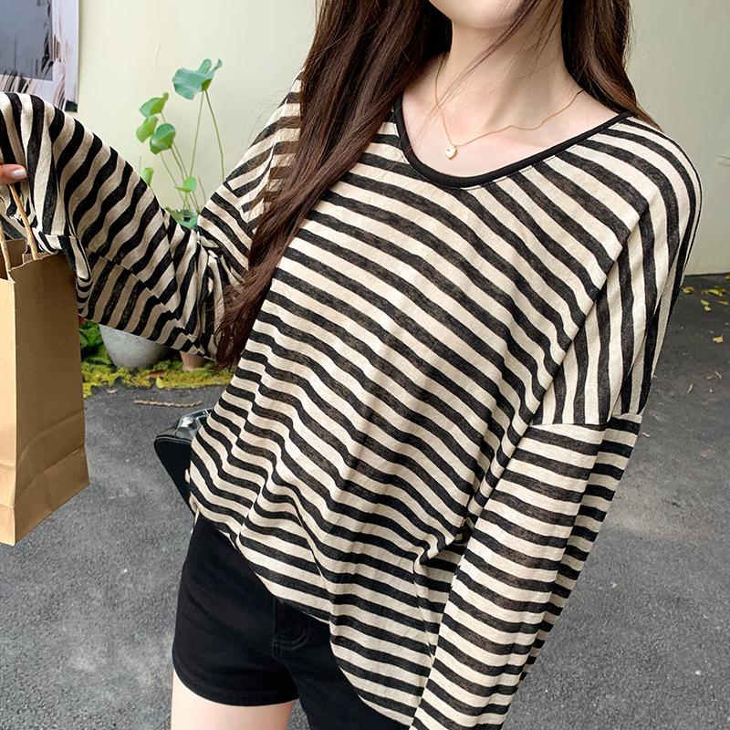 Футболка с длинным рукавом и защитой от солнца в полоску в стиле ленивой моды, женская тонкая свободная блузка большого размера