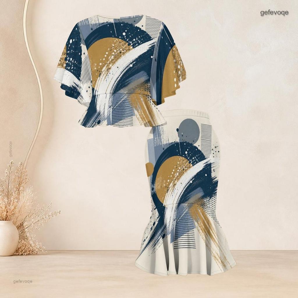 Women Plus Size Navy Golden Printed Round Neck Batwing Sleeve Ruffle Hem Top Fishtail Skirt Two Piece Set