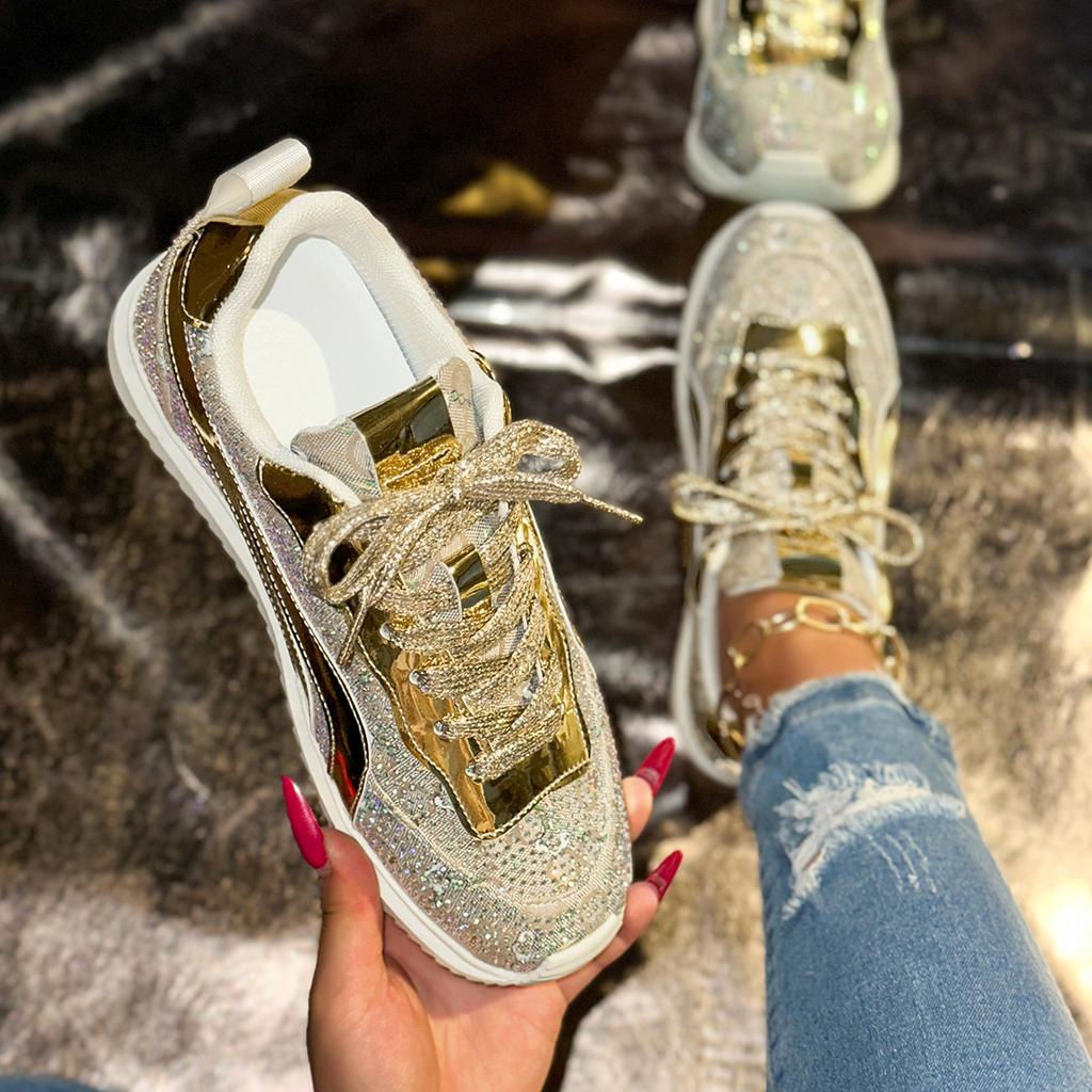 Мода 2025 Новые летние женские кроссовки Дышащие Повседневные Спортивные Женские Одинарная обувь Толстая подошва Досуг Водяные бриллианты Кроссовки Женские