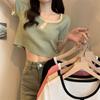 Square Neck Color Blocked Short Sleeved T-shirt for Women In Summer French Style Spicy Girl Knitted Base Shirt Front Shoulder Top