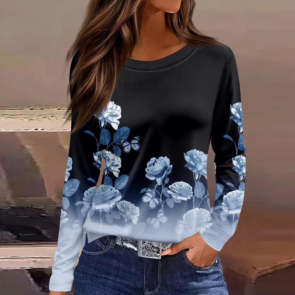 Женская модная повседневная свободная футболка с принтом и круглым вырезом с разрезом и длинным рукавом, женский топ