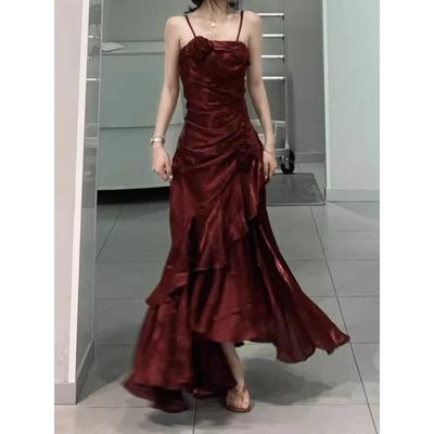 Корейское винтажное бархатное длинное платье женское роскошное тонкое платье русалки на бретельках с цветочным принтом элегантное сексуальное повседневное вечернее платье