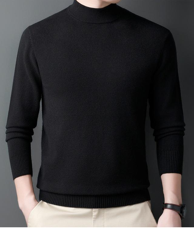 Men's 100% Cashmere Mid-Neck Black Sweater - Thickened Winter Base Layer
