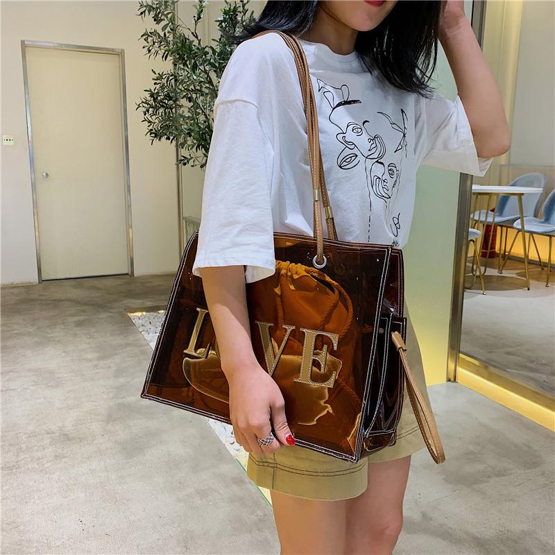 Модные женские прозрачные сумки на ремне из ПВХ желе ярких цветов, большая вместительная сумка-тоут коричневого цвета