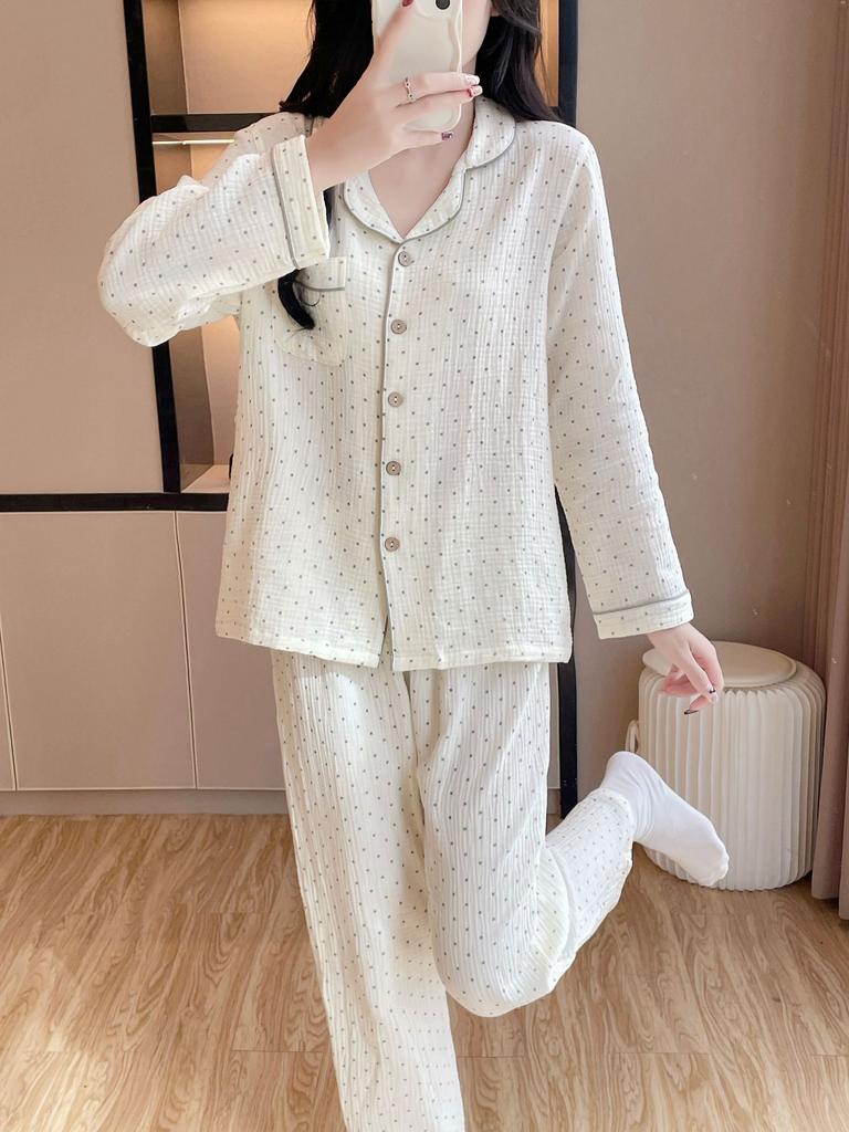 Пижама Fresh Baby Хлопковый Креп Весна Осень Лето Тонкая С отложным воротником Женская С длинным рукавом Длинные брюки Двойная марля Одежда для отдыха Длинный комплект