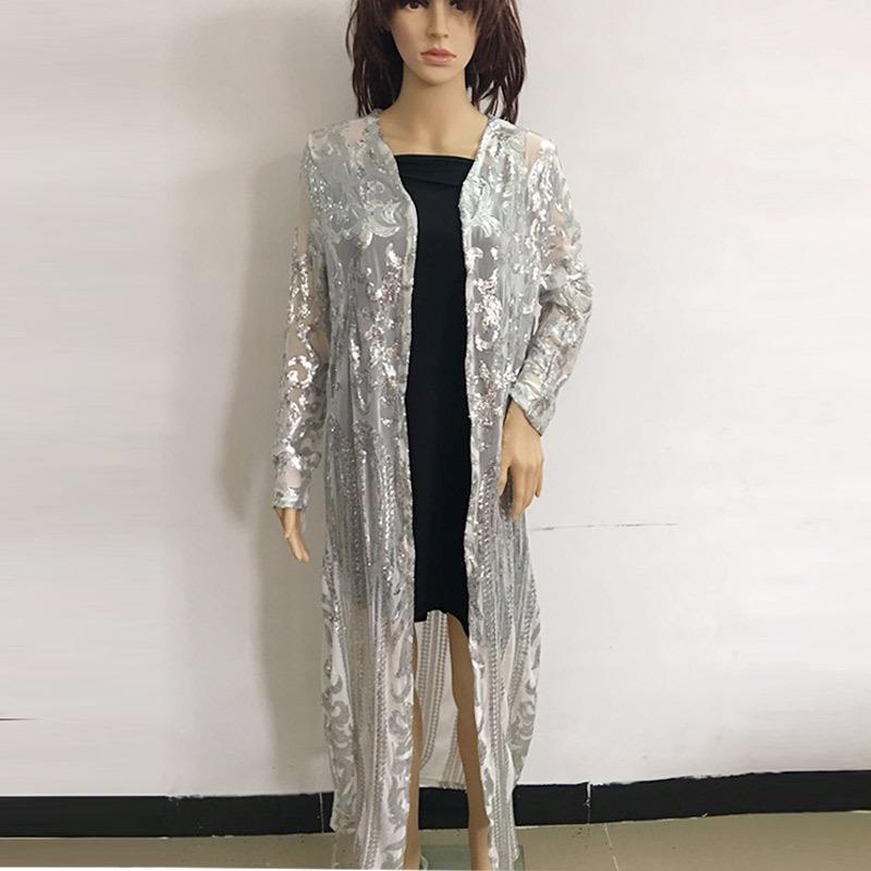 Европейский и американский кардиган с длинным рукавом, из сетки с пайетками и бисером