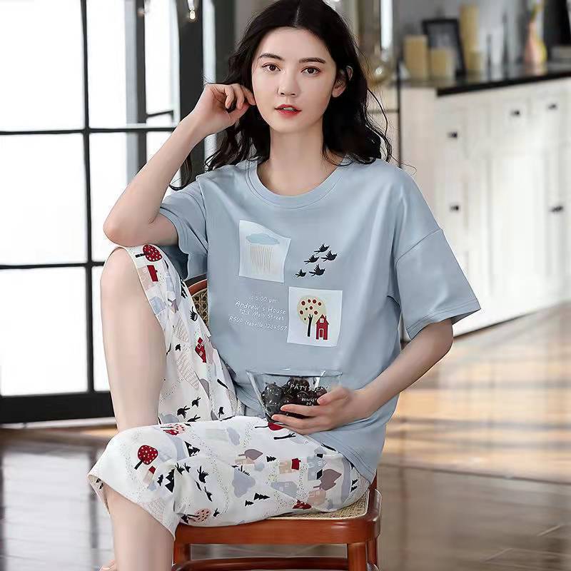 Lounge Sleepwear O-Neck Sleeping Breathable Girls Summer Cartoon Print T-shirt Crop Pants Set Daily Wear