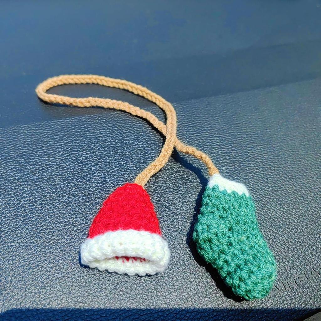 Handmade Hat and Stocking Rear View Mirror Accessories, Cute Crochet Decoration Car Mirror Hanging Accessories, Car Hanging Ornament and Bag Charm