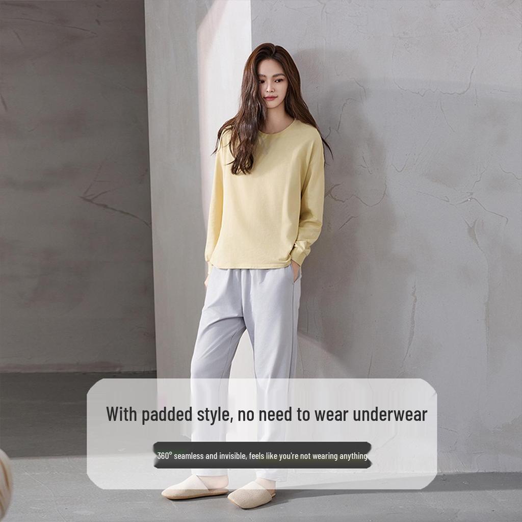 Женская пижама из чистого хлопка с вкладышами на грудь - с длинным рукавом, больших размеров, для осени/зимы. Для ношения на улице, Свободный домашний костюм.