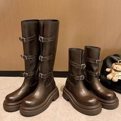 [Две версии] Виноградная мать осень и зима новая модная пряжка для ремня круглая голова толстая подошва универсальные короткие сапоги сапоги рыцаря