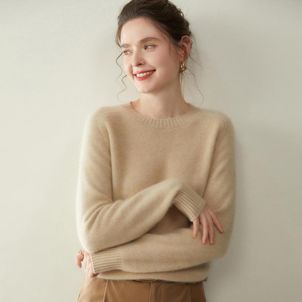Женский кашемировый свитер с круглым вырезом - Коллекция Осень/Зима 2025, Реглан, Утепленный, Однотонный, Свободный крой, Стройнящий вязаный базовый.