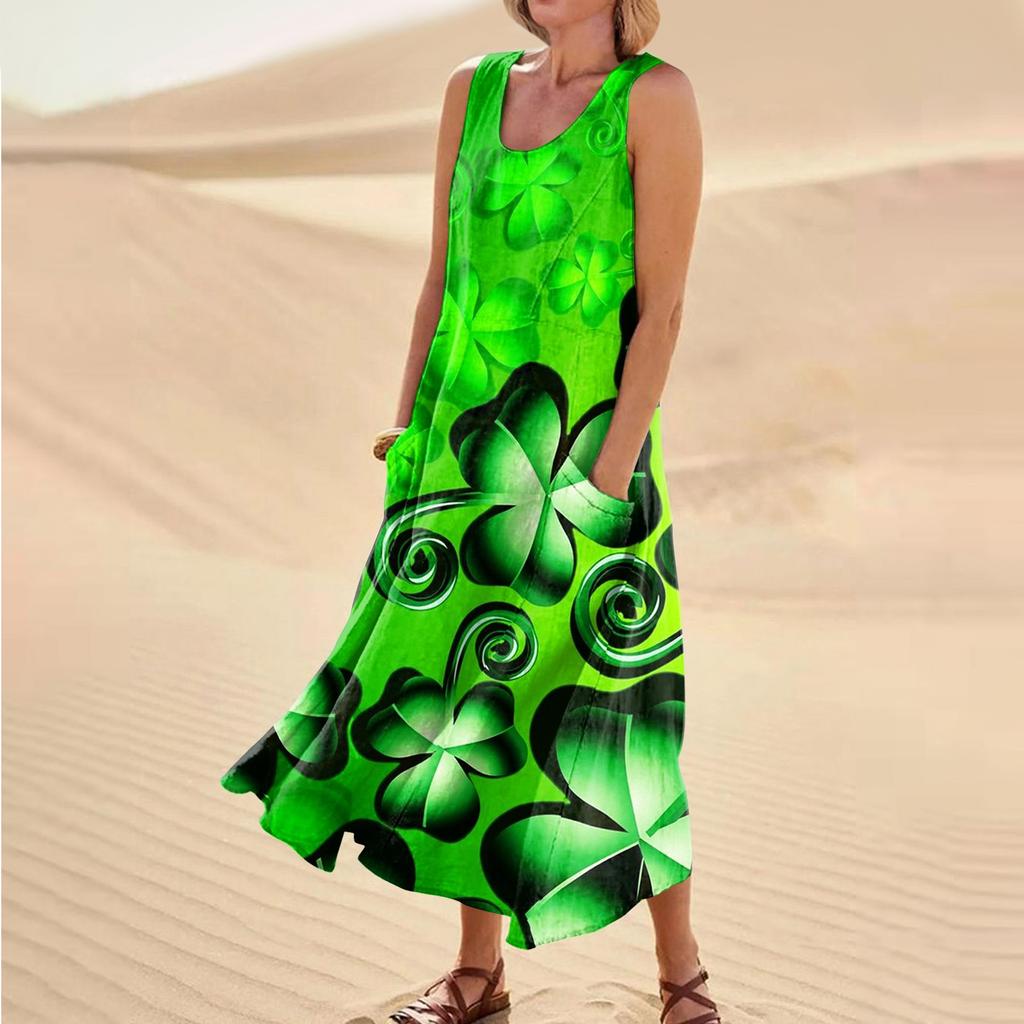 Women's Casual Comfort St. Patrick's Day Printed Sleeveless Pocket Dress