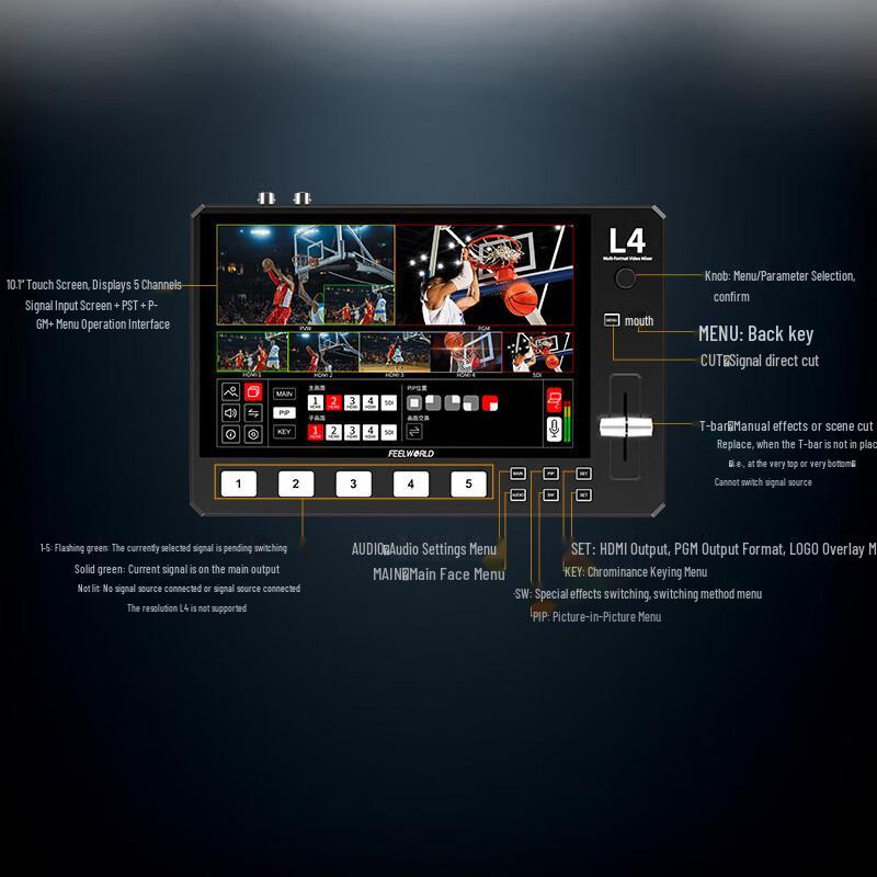 FEELWORLD L4 8-дюймовый коммутатор с 10,1-дюймовым сенсорным экраном, HDMI и SDI для многокамерной прямой трансляции