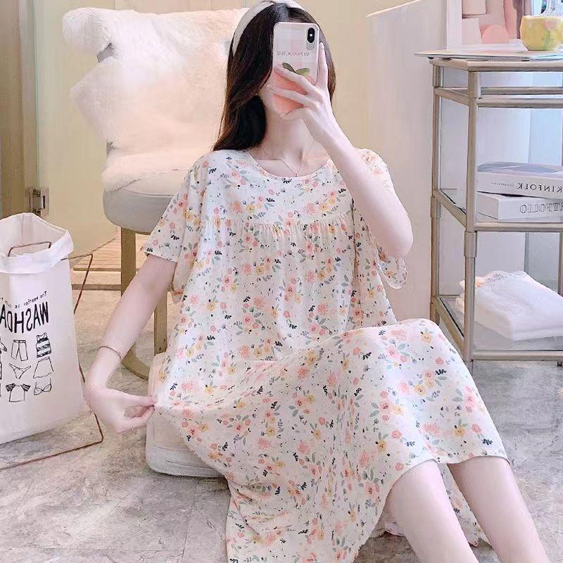 Women's Cotton Silk Mid-Length Nightgown - Summer Pajamas Plus Size Homewear for Middle-Aged and Elderly