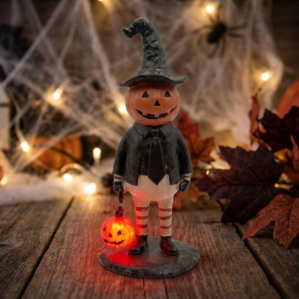 Resin Pumpkin Man Tabletop Statue Light Up LED Pumpkin Head Light Halloween Party