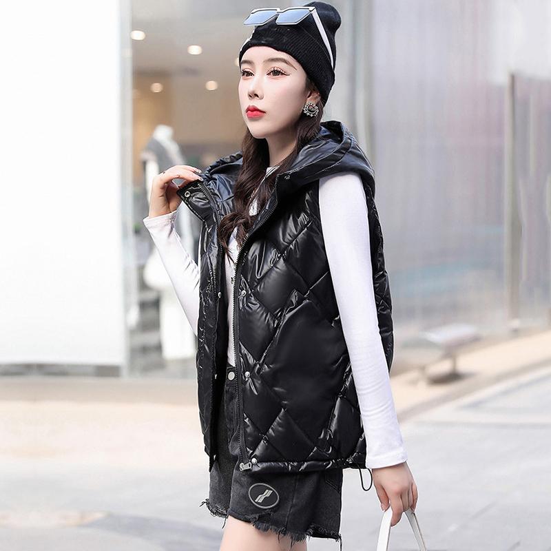 Women Autumn Winter Soild Color Rhombus Thicken Outwear Cotton Padded Hooded Sleeveless Warm Jacket Coat Vest