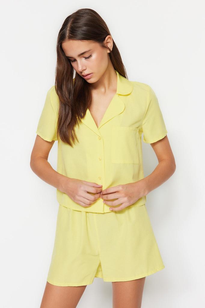 Women's Fashion Green Terrycotton Shirt-Shorts Woven Pajama Set