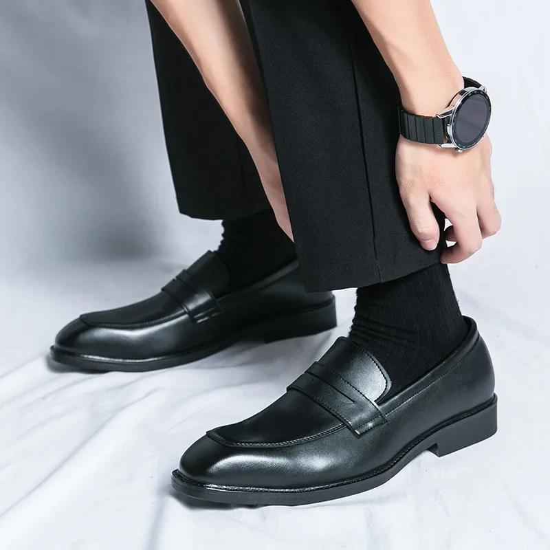 Fashion Penny Slip On Loafers Leather Men Shoes Simple Pointed Toe Dress Business Suit Casual Party Wedding Shoes For Man2024