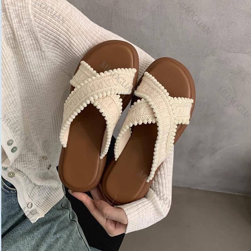 Summers Women Flat Bottom Slipper Open Toe Summer Retro Woven Cross Bohemian Style Slides Sandals Casual Outside Beach Slipper