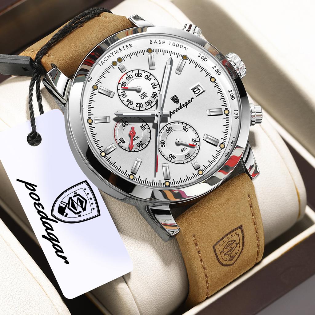POEDAGAR Functional Luxury Man Wristwatch Date Waterproof Luminous Chronograph Men Watch Male Leather Quartz Watches
