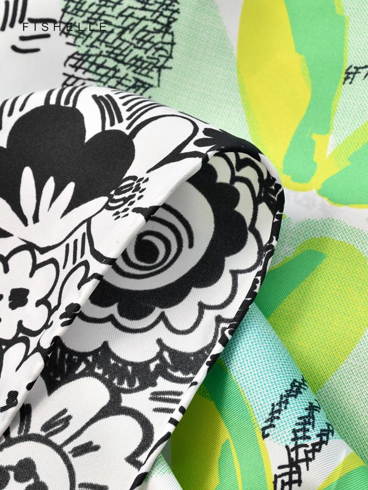 New Green Leaves Black Flowers Printed Natural Silk Twill Square Scarf Women's Spring Autumn Real Silk Scarves Luxury Shawl