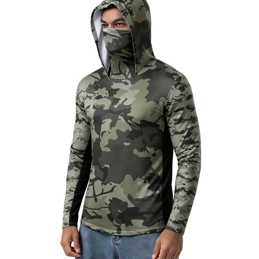 Men’s Fishing Sun Hoodie Camouflage Quick Dry Mesh Breathable Outdoor Face Cover Long Sleeve Shirt