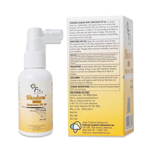 FIXDERMA Теневой Солнцезащитный Спрей Shadow Dewy SPF 50 Pa+++, Предотвращает Загар, Солнцезащитный Спрей с Витамином С и Ниацинамидом, Защита от UVA и UVB - 50 мл