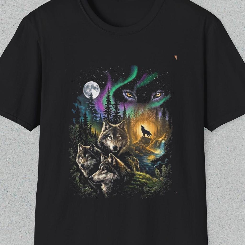 Wolf Pack Shirt, Northern Lights Wolf T shirt, Moon Wolf Tee, Night Forest Wildlife Shirt, Wolf Lover Tee Gift