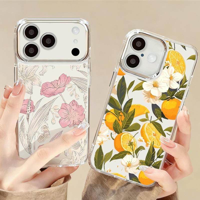 Чехол с принтом цветов и фруктов для iPhone 17 18 Pro Max Покрытие линз Прозрачный мягкий чехол для iPhone 16 15 14 13 Pro Max 17E